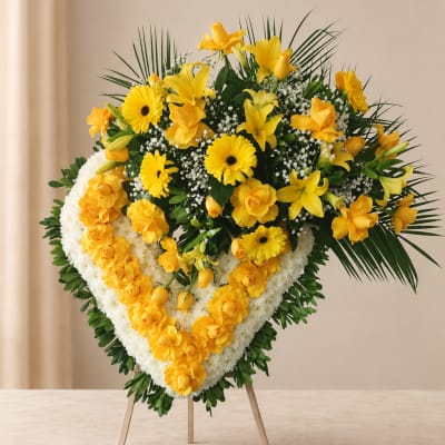 Heart-shaped yellow and white floral standing spray on an easel