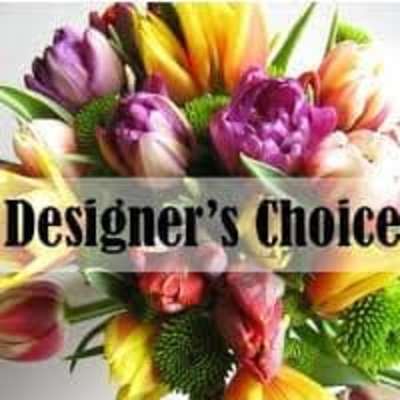 Colorful tulip bouquet with a "Designer’s Choice" banner