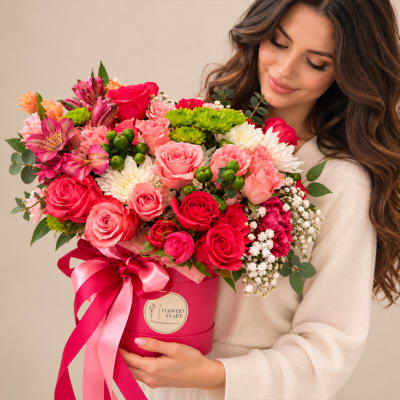 Woman holding a pink hatbox arrangement of roses and mixed blooms