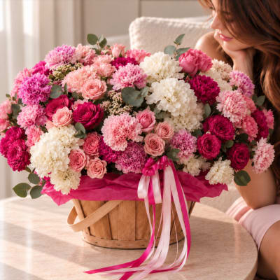 Pink and white flower arrangement in a wooden basket with ribbon