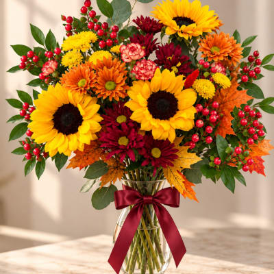 Sunflower and chrysanthemum bouquet in a glass vase with a burgundy ribbon