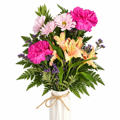 Tall mixed bouquet in a white vase with pink and peach flowers