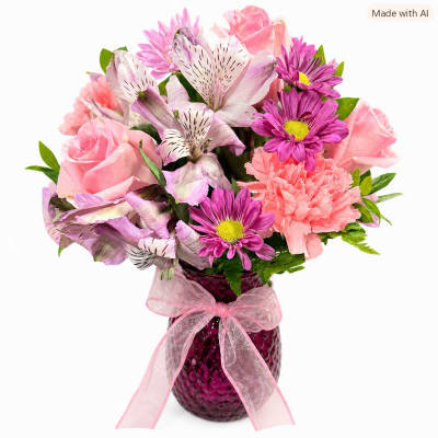 Pink and purple bouquet in a textured vase with a ribbon bow