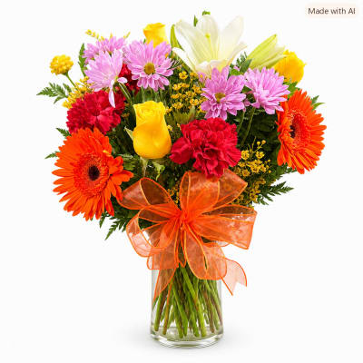 Colorful bouquet of mixed flowers in a clear glass vase with an orange ribbon
