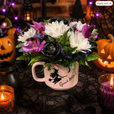 Halloween bouquet in a mug with white and purple flowers