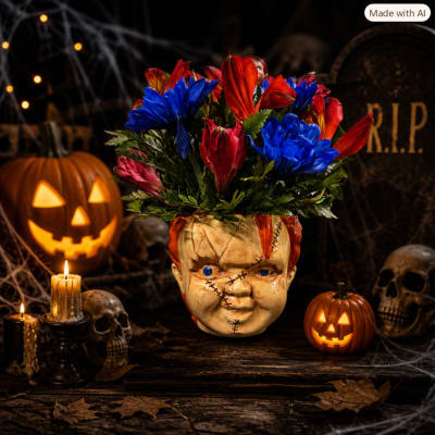 Bright flowers arranged in a Frankenstein head vase with Halloween decor