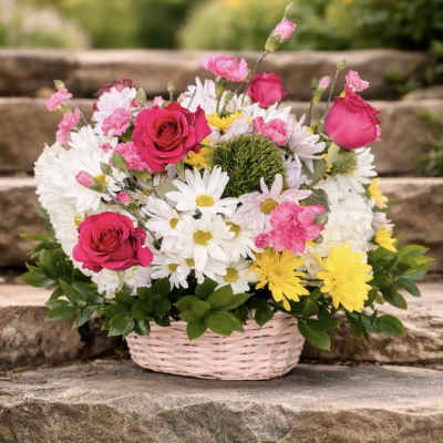 Bright Garden Basket Arrangement – Pink Roses & Daisy Mix
