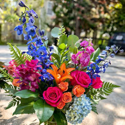 Vibrant Garden Mix Bouquet with Roses, Lilies & Delphinium