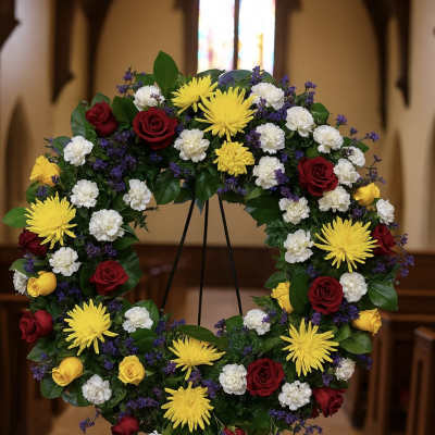 Circular funeral wreath of red, yellow, and white flowers on an easel