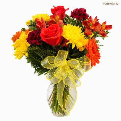 Mixed bouquet of red roses, yellow and orange flowers in a glass vase with a yellow bow