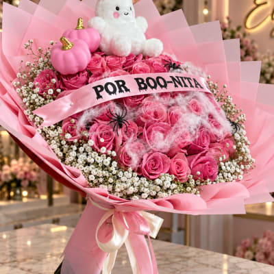 Pink rose bouquet with a plush ghost, pumpkins, and a Halloween ribbon