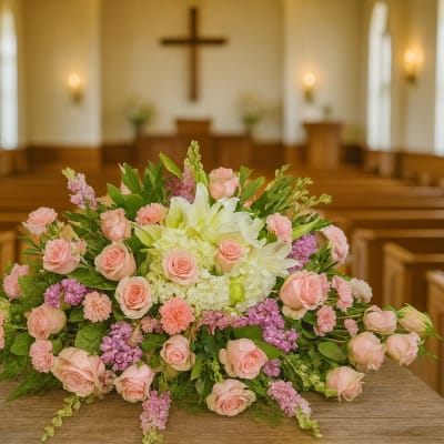 Pastel floral arrangement with pink roses and white lilies in a church