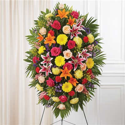 Standing funeral spray with mixed colorful flowers on an easel