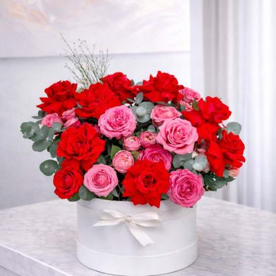 Red and pink roses arranged in a white round box