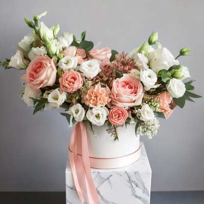 Pink and white rose bouquet in a white hat box with a pink ribbon