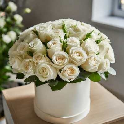 White rose bouquet in a round white box