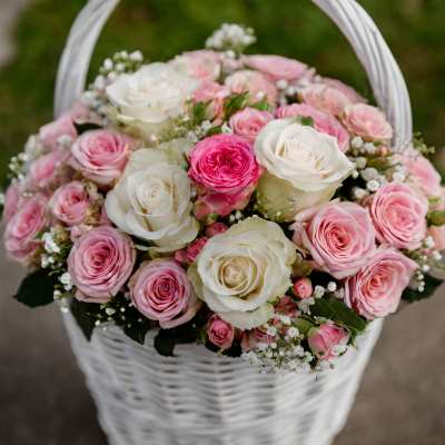 Pink and white roses arranged in a white basket