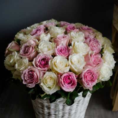 Basket of pink and white roses