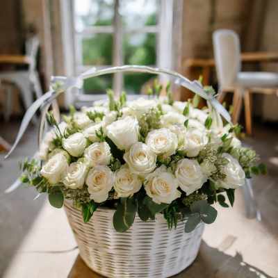 White rose arrangement in a white wicker basket with ribbon handle