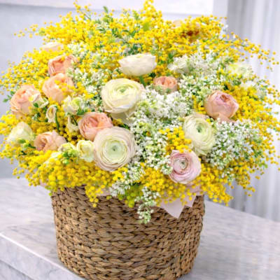 Basket arrangement of yellow mimosa and pale roses
