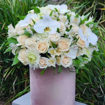 White and blush bouquet in a pink cylindrical box