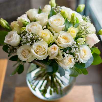 White roses arranged in a glass vase