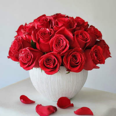 Red roses arranged in a white vase with scattered petals