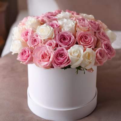Pink and white roses arranged in a round white box