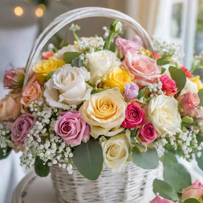 Basket of pastel roses with white filler flowers