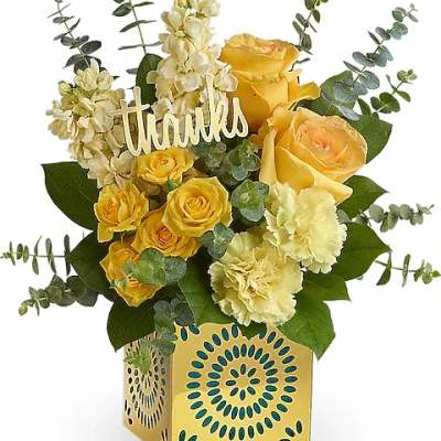Yellow roses and cream flowers in a decorative box with a "thanks" sign