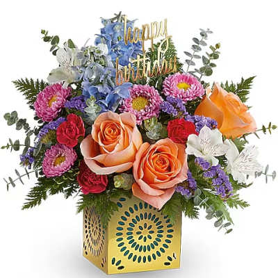 Mixed bouquet with roses, daisies, and a birthday topper in a decorative box