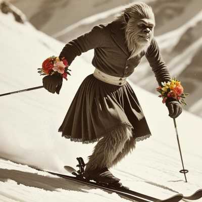 A skier in a costume with flower wrist corsages on snowy slopes