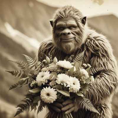 A furry creature holds a bouquet of white flowers