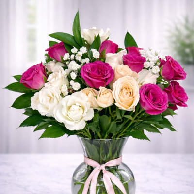 Bouquet of pink, white, and peach roses in a clear glass vase with a ribbon