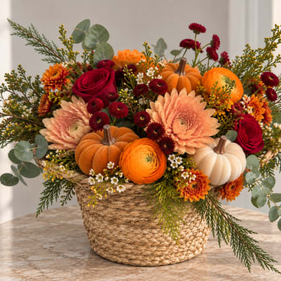 Autumn flower arrangement in a woven basket with pumpkins and red blooms