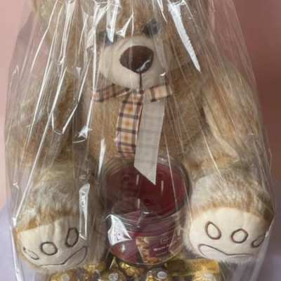 Teddy bear gift basket wrapped in clear plastic with a red bow