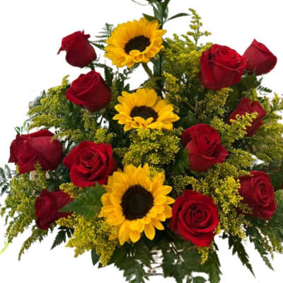 Arrangement of red roses and yellow sunflowers in a low basket