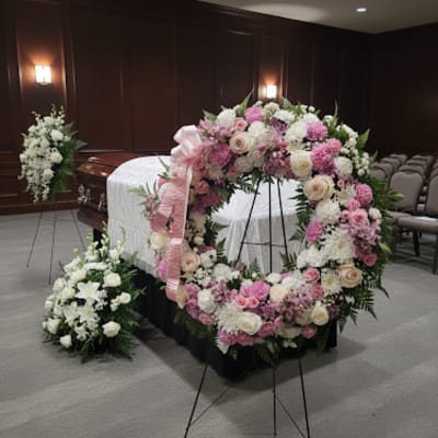 Large pink and white floral wreath on a stand beside a casket