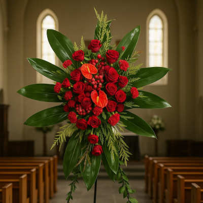Tall red rose standing spray with tropical blooms framed by large green leaves