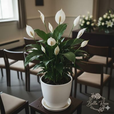 White peace lily in a white pot on a table