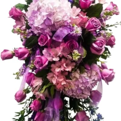 Pink and purple bouquet with roses and hydrangeas