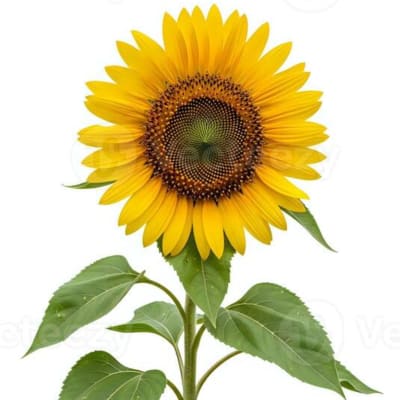 Single yellow sunflower with a green stem and leaves on a white background