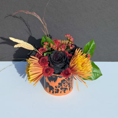 Halloween floral arrangement in an orange-and-black container with a black rose