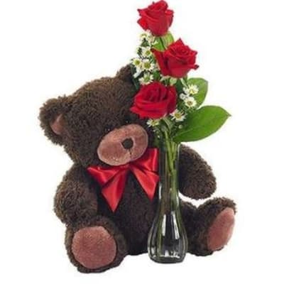 3 Roses And A Medium Bear