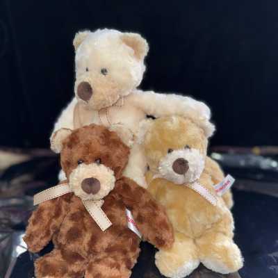 Three plush teddy bears in cream, brown, and tan with ribbon bows
