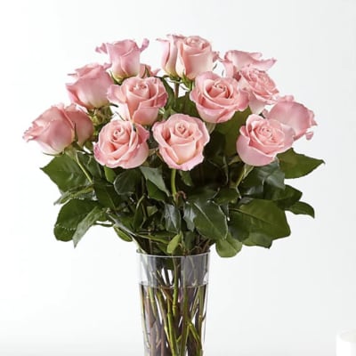 Pink roses arranged in a clear glass vase