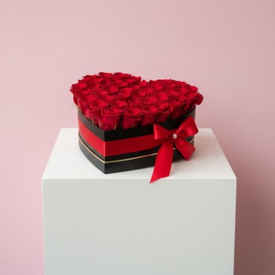 Heart-shaped box of red roses with a red ribbon bow