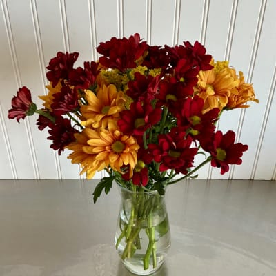 Red and yellow daisies in a clear glass vase
