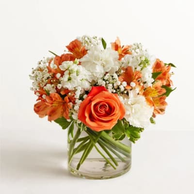 Orange and white mixed flower bouquet in a clear glass vase