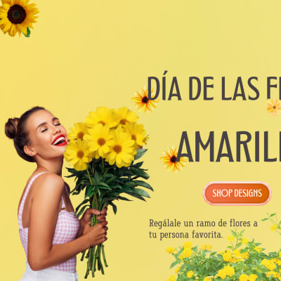 Woman holding a bouquet of yellow flowers beside Spanish text on a yellow background